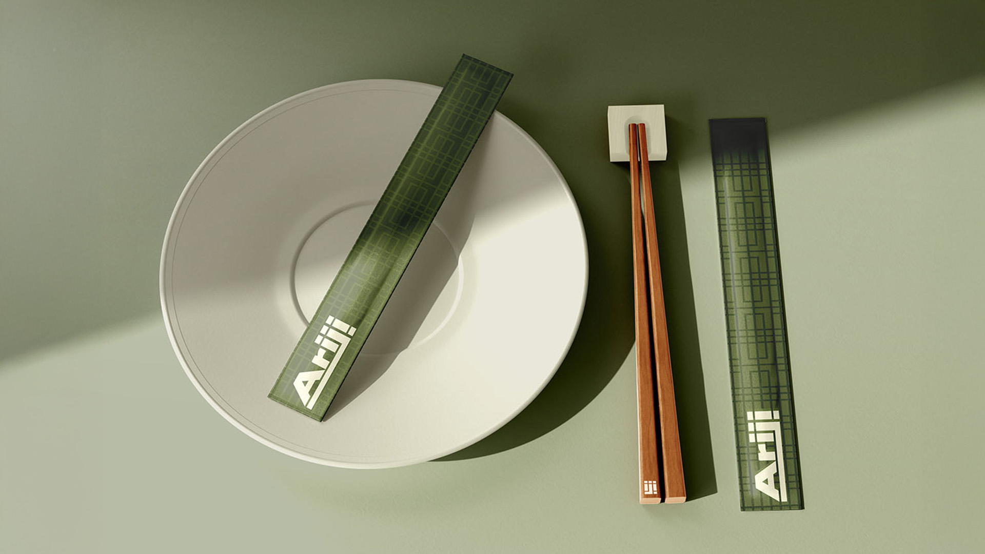 Top down view of plate with ariji branded chopsticks