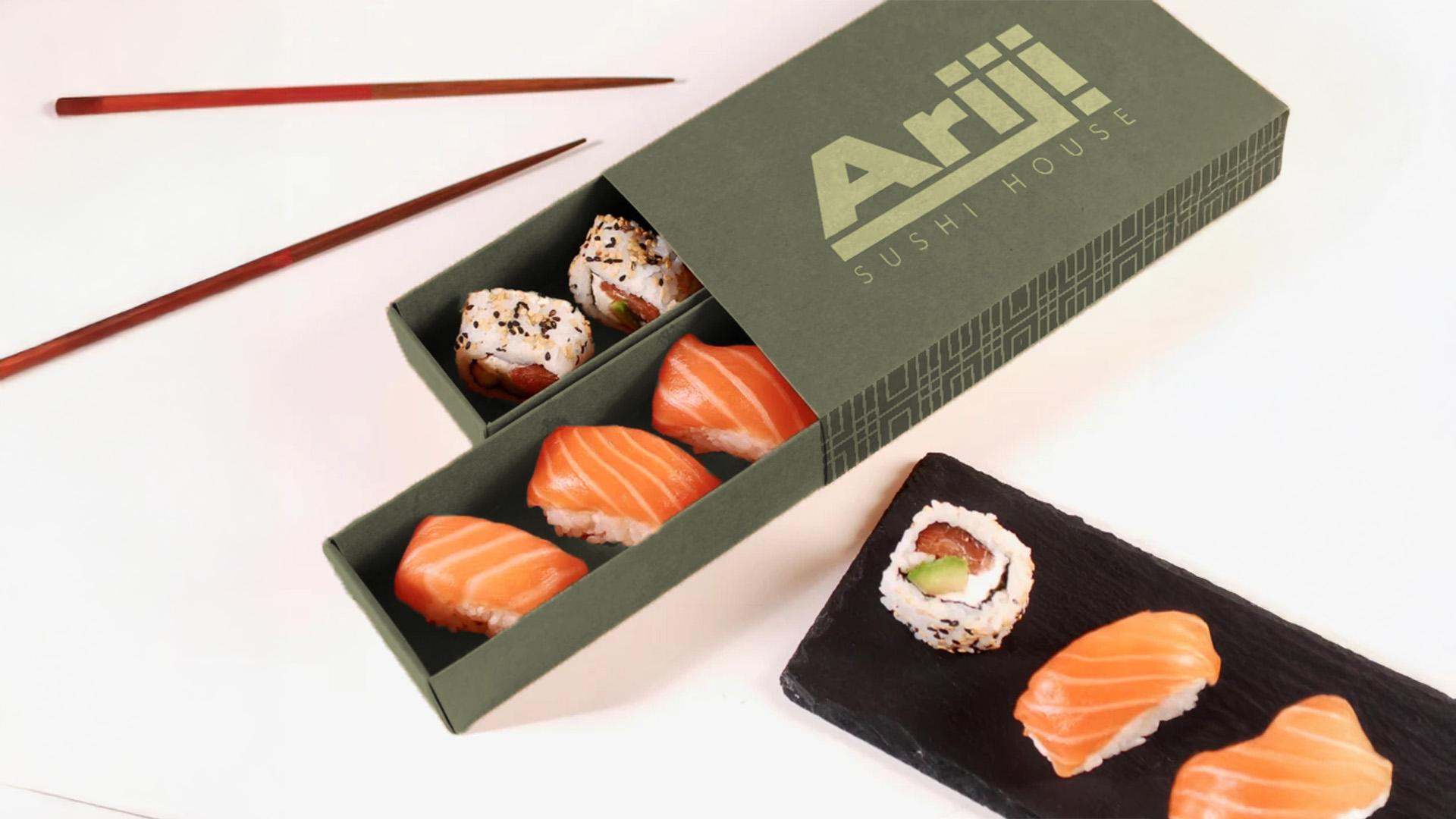 Sushi Box with Ariji Branding on it
