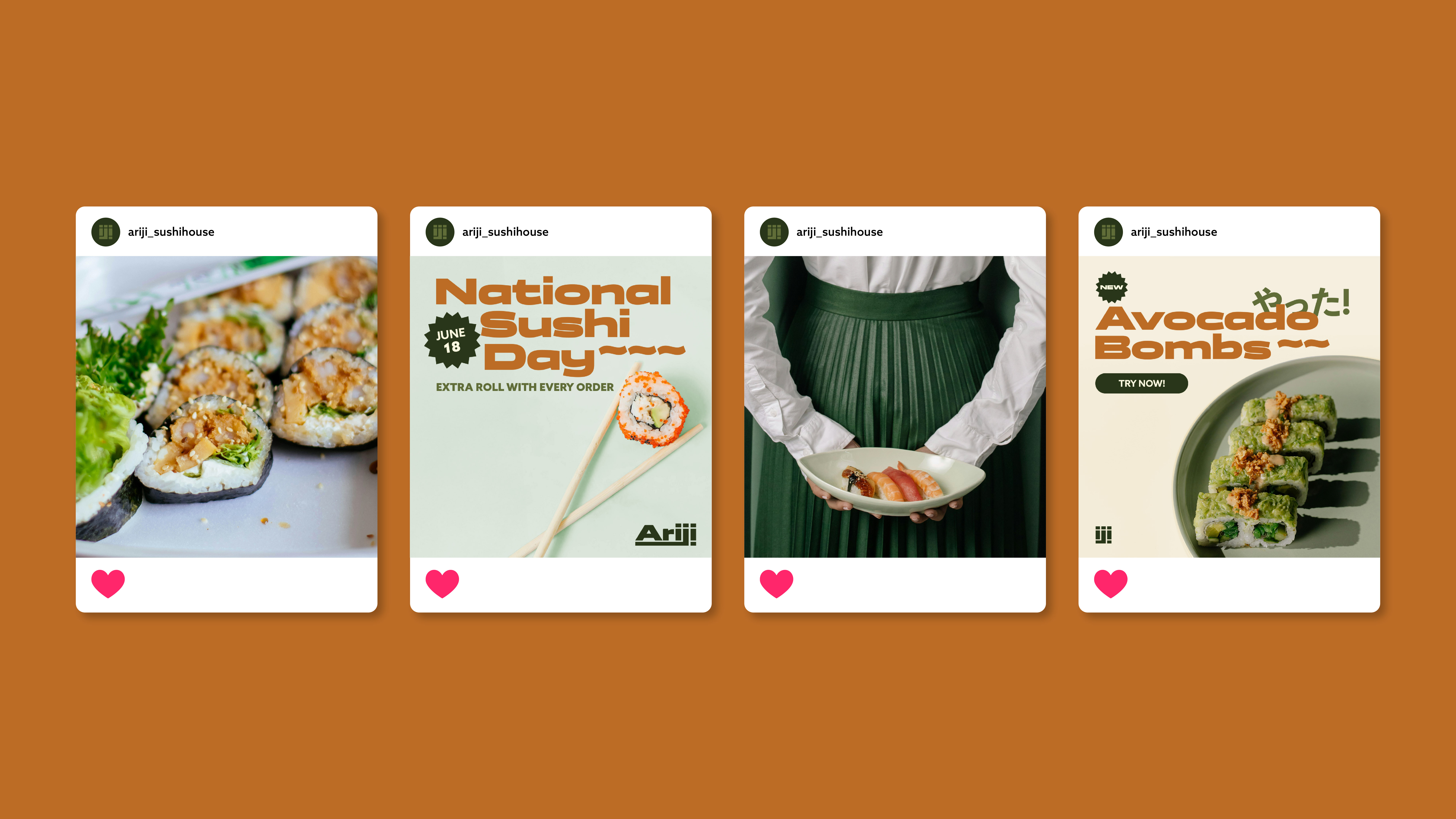 4 social media posts using green and orange color palette