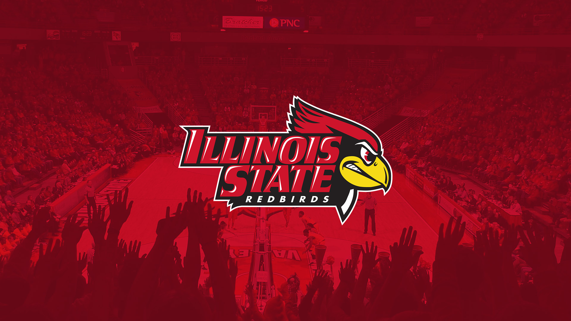ISU athletics logo with background of CEFCU arena with fans in audience
