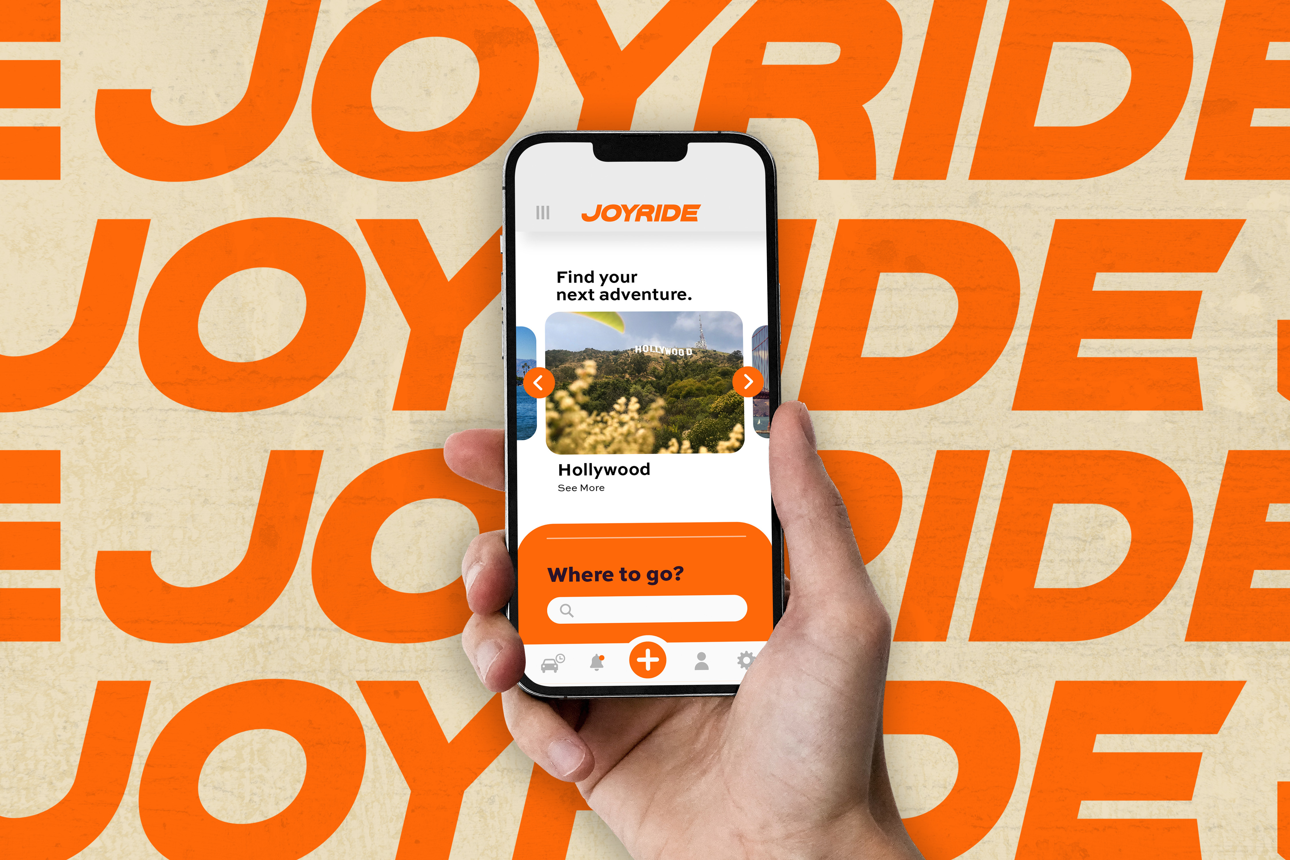 Hand holding Iphone with joyride app UI