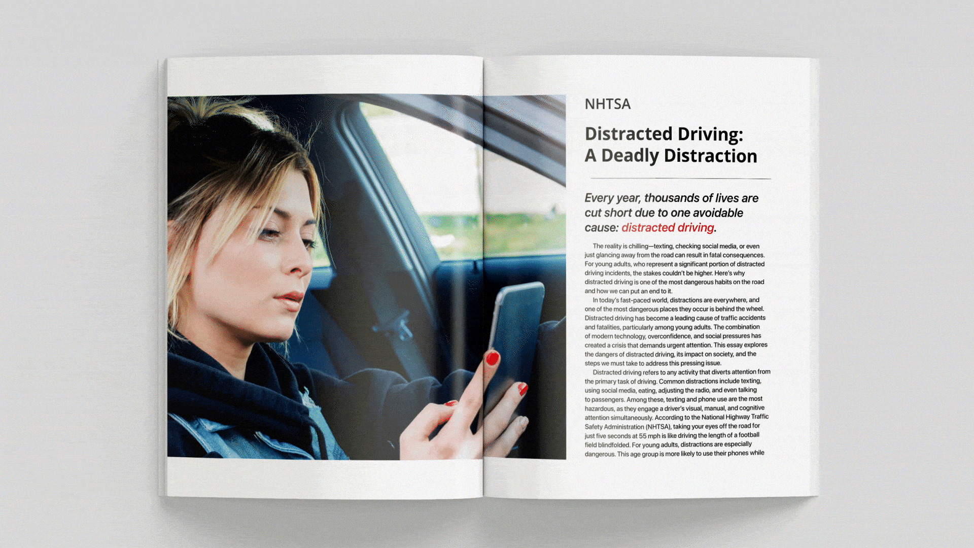 Modern Building with a large distracted driving psa advertisment on front.